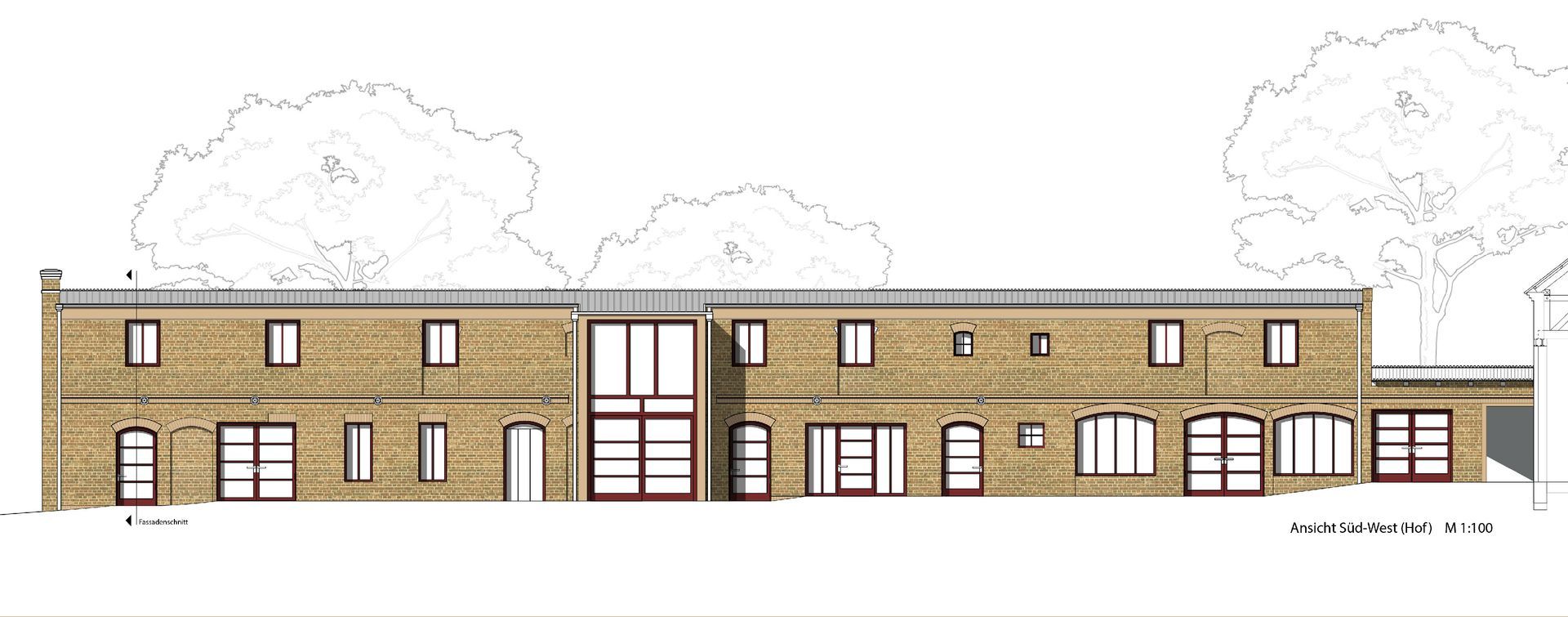 A drawing of a building with a lot of windows