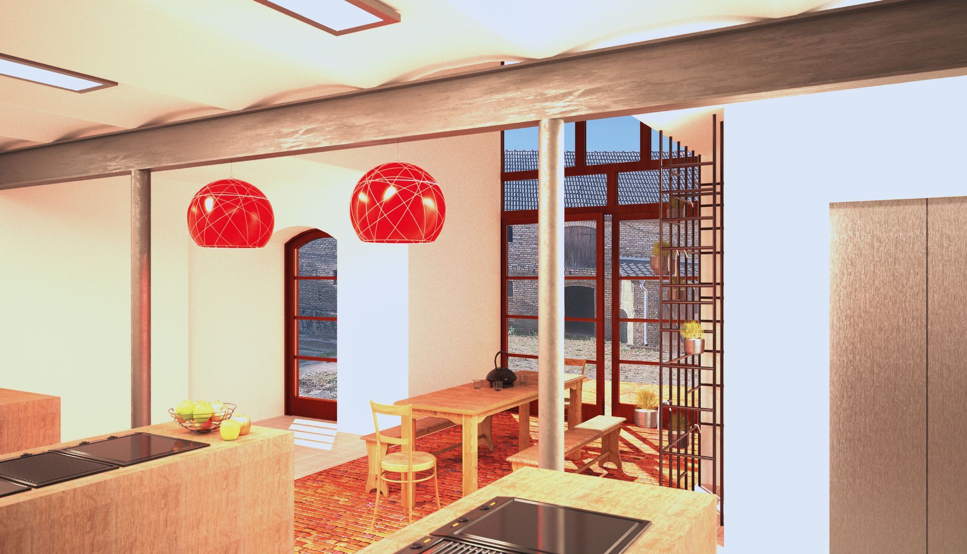 A kitchen with two red lamps hanging from the ceiling and a sink.