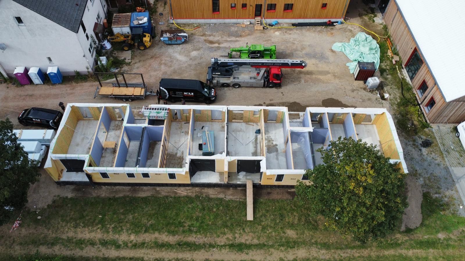 An aerial view of a house under construction.