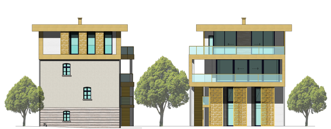 Zwei nebeneinander stehende Gebäude; eines weiß, das andere aus Glas. Beide weisen Holzelemente und Bäume auf.