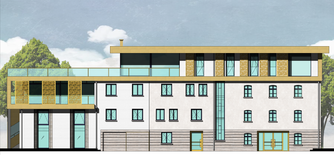 Architektonische Darstellung eines modernen Gebäudes mit mehrgeschossiger Bauweise und Glasbalkon.