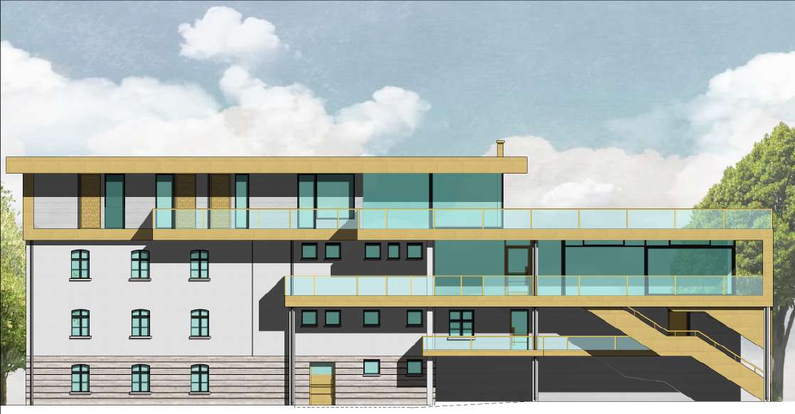 Architektonische Darstellung eines Gebäudes mit einem modernen Glasanbau auf einer klassischen weißen Fassade.