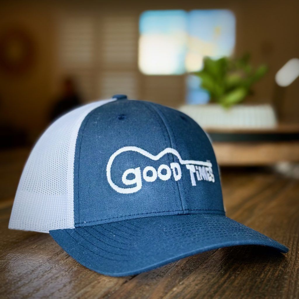 Blue trucker hat with white Good Times Guitar logo.