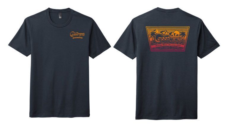 Good Times Guitar T-Shirt in grey with sunset logo artwork