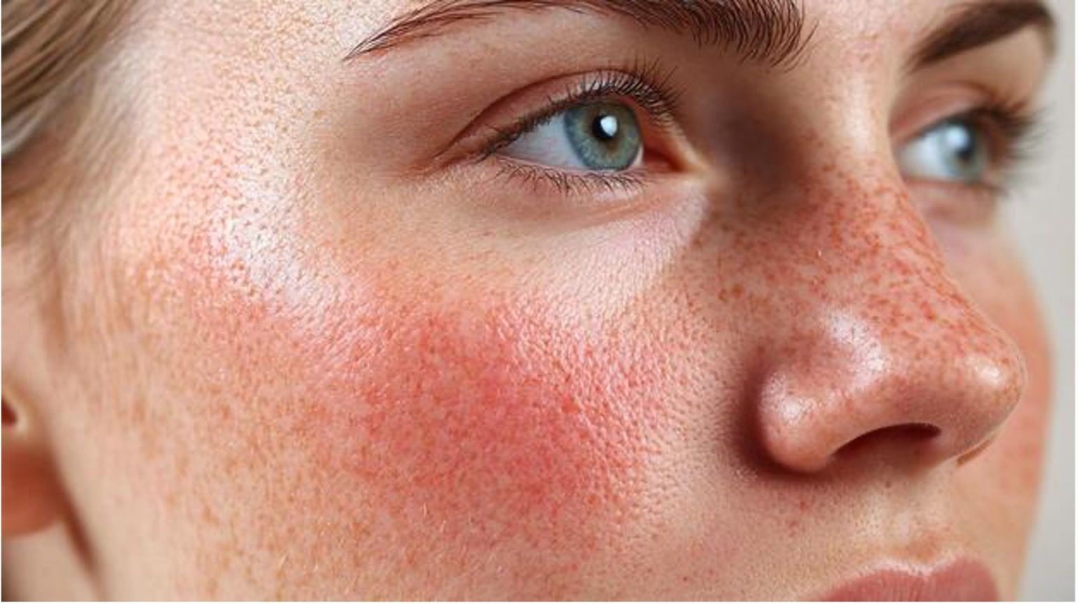 Close-up of a person's face showing prominent redness on the cheeks and visible skin texture, including freckles.
