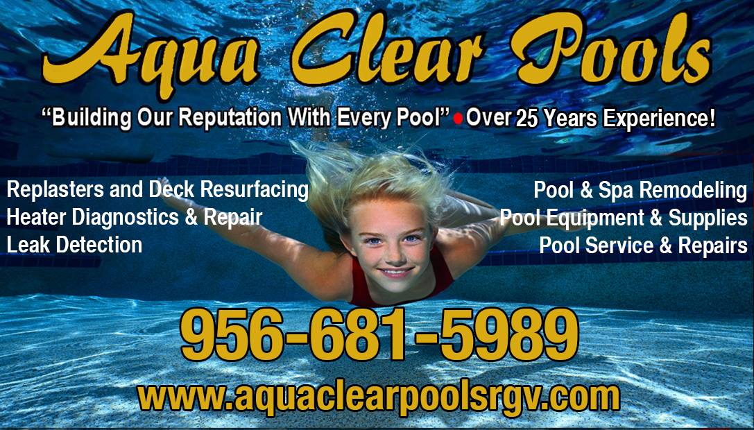 Aqua Clear Pools ad with swimmer in blue water, pool cleaning services, logo, phone number, and website