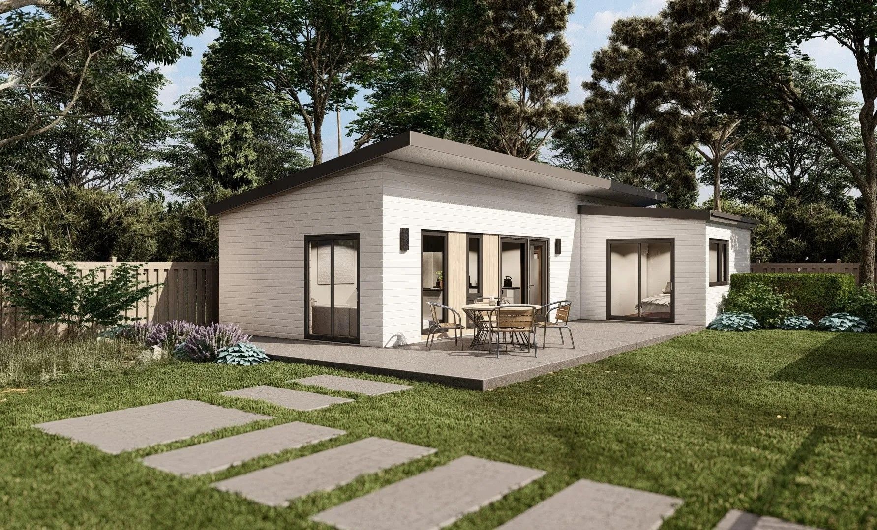 An artist 's impression of a small house with a patio in the backyard.