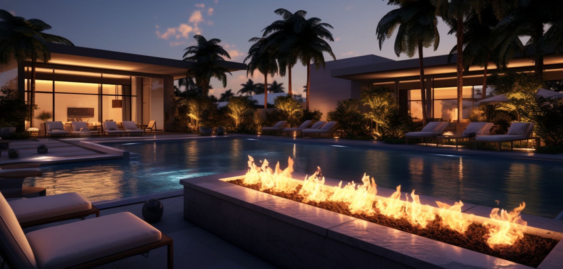 There is a fire pit in the middle of the pool.