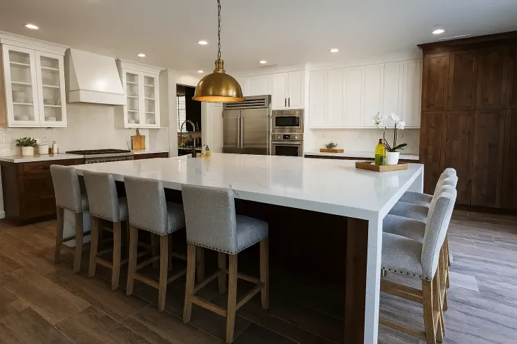 modern kitchen with a large quartz island surrounded by upholstered bar stools. The kitchen features white cabinetry
