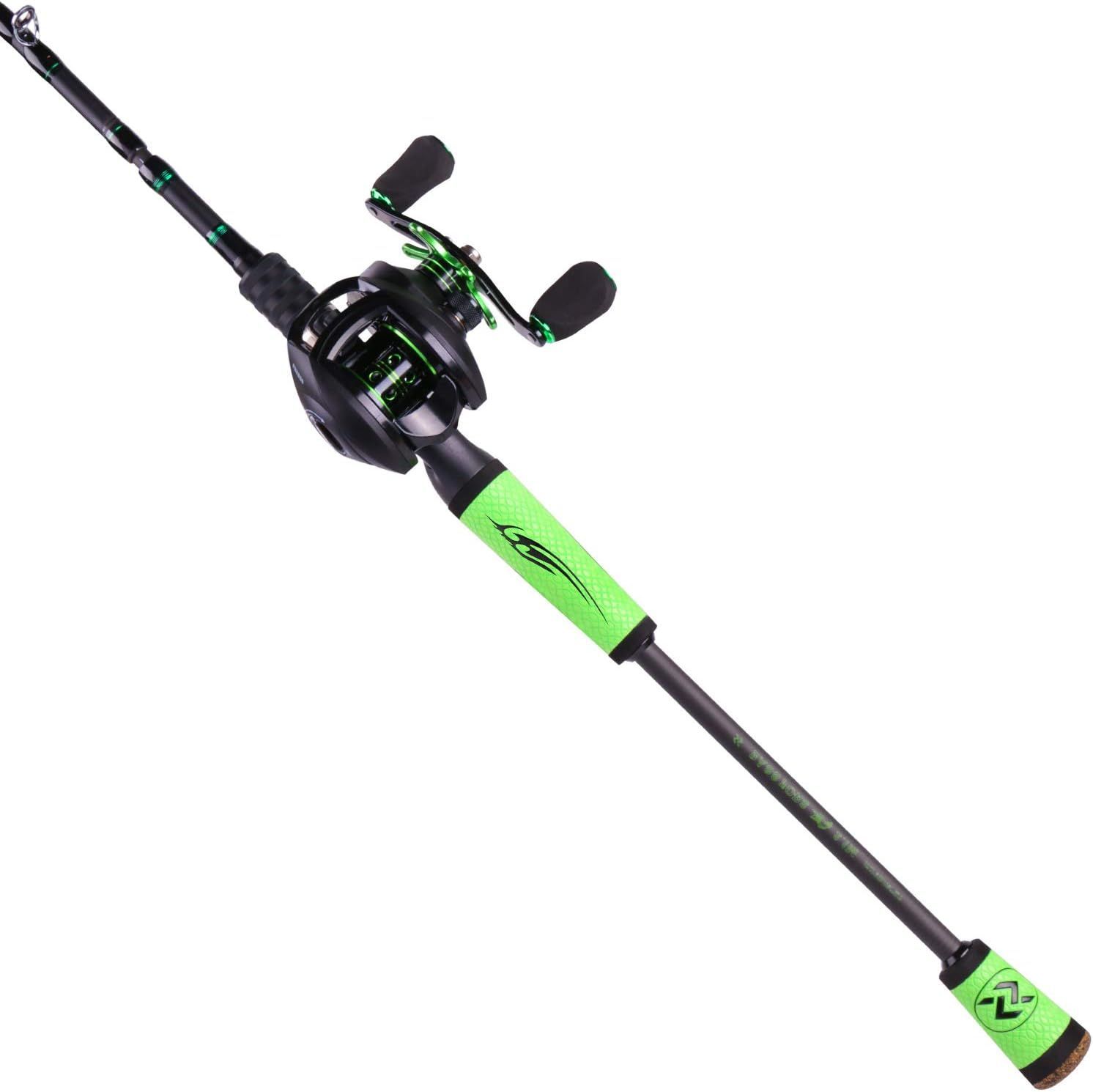 A green and black fishing rod with a green handle