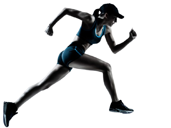 Donna che corre, silhouette su sfondo bianco, indossa abbigliamento sportivo e berretto.