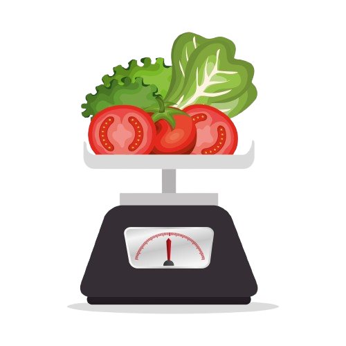 Pomodori e lattuga su una bilancia da cucina nera, che mostrano scelte alimentari salutari.