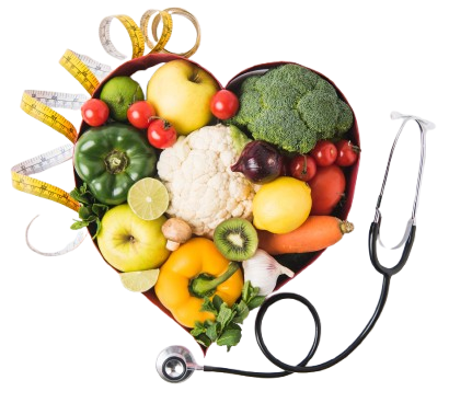 Scatola a forma di cuore piena di frutta e verdura, circondata da un metro a nastro e uno stetoscopio.