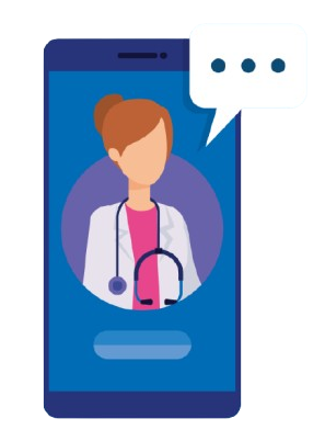 Schermo di smartphone che mostra una dottoressa in una videochiamata; fumetto di testo.