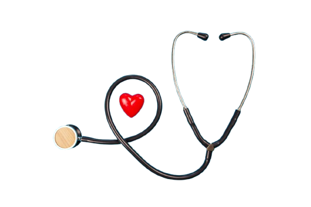 Stetoscopio con un cuore rosso al centro, simbolo dell'assistenza sanitaria.