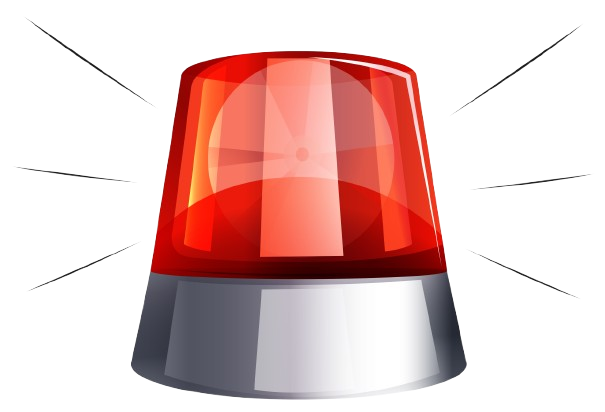 Sirena di emergenza rossa con base argentata, che emette raggi luminosi.