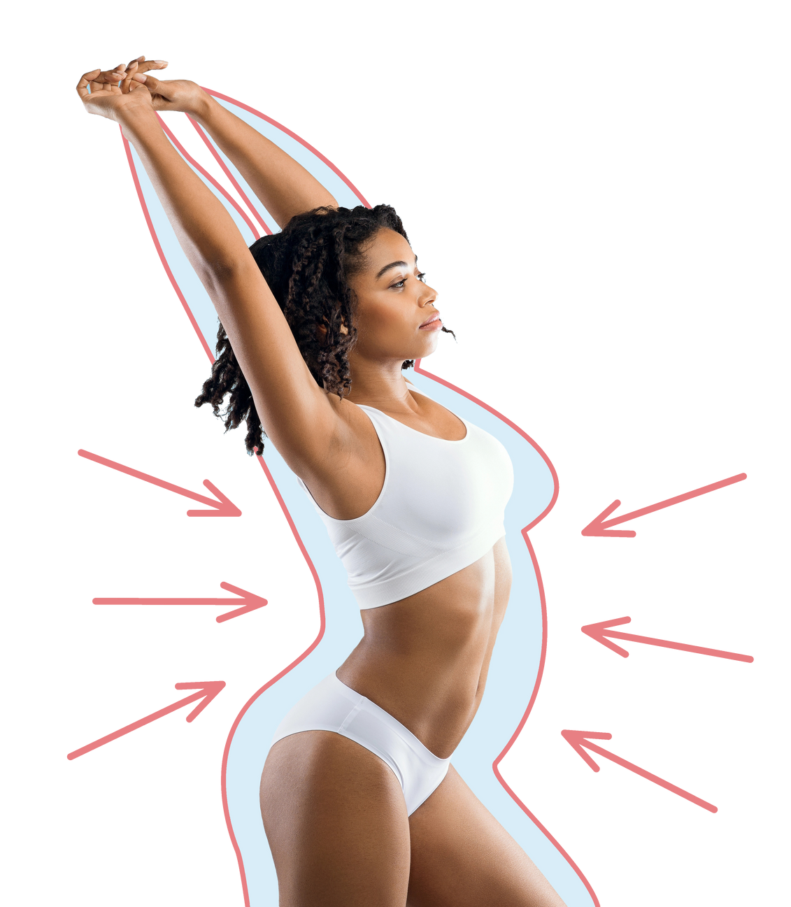 Donna in biancheria intima bianca, che si allunga. Le frecce puntano verso l'interno del suo corpo.