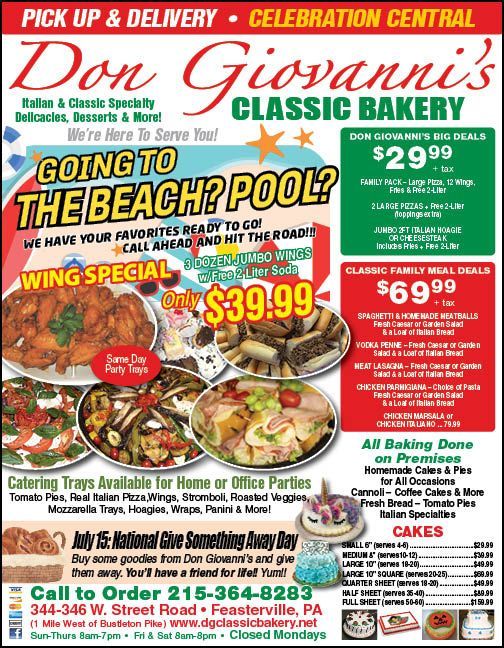 Don Giosanni’s Classic Bakery ad with Valentine specials, wings, cakes, and party platters on a red-and-green flyer