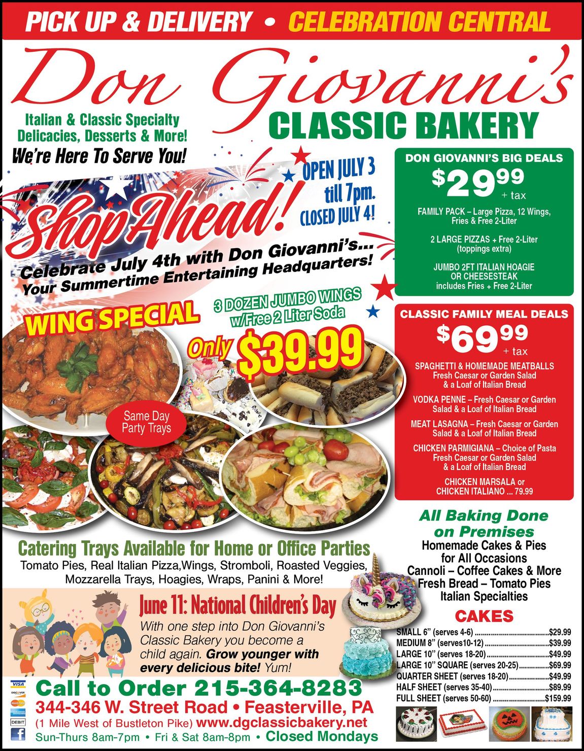 Don Giosanni’s Classic Bakery ad with Valentine specials, wings, cakes, and party platters on a red-and-green flyer