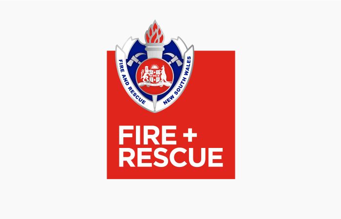 Fire and Rescue NSW logo: red square with white text, emblem of torch and shield above.