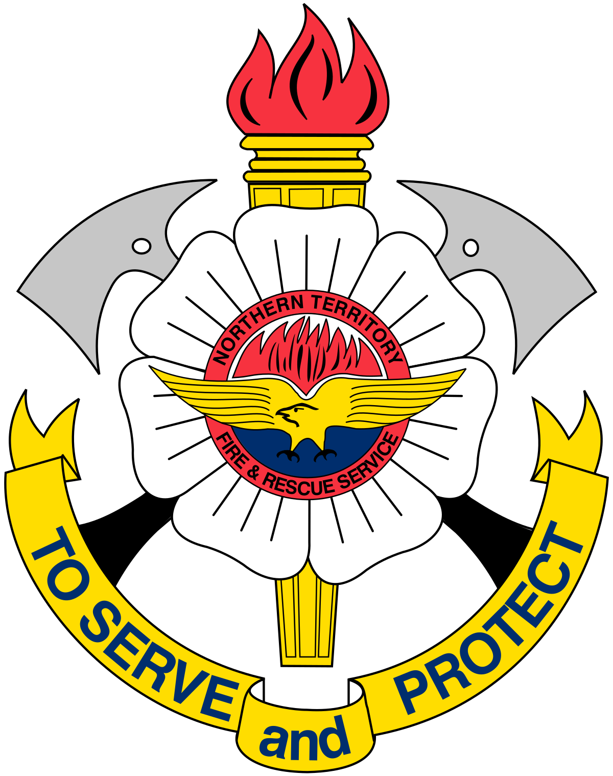 Emblem of the Northern Territory Fire & Rescue Service: Torch, axes, flower, and banner with