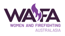 WAFA logo: silhouette of a female firefighter with axe inside a circle, over an orange map; 