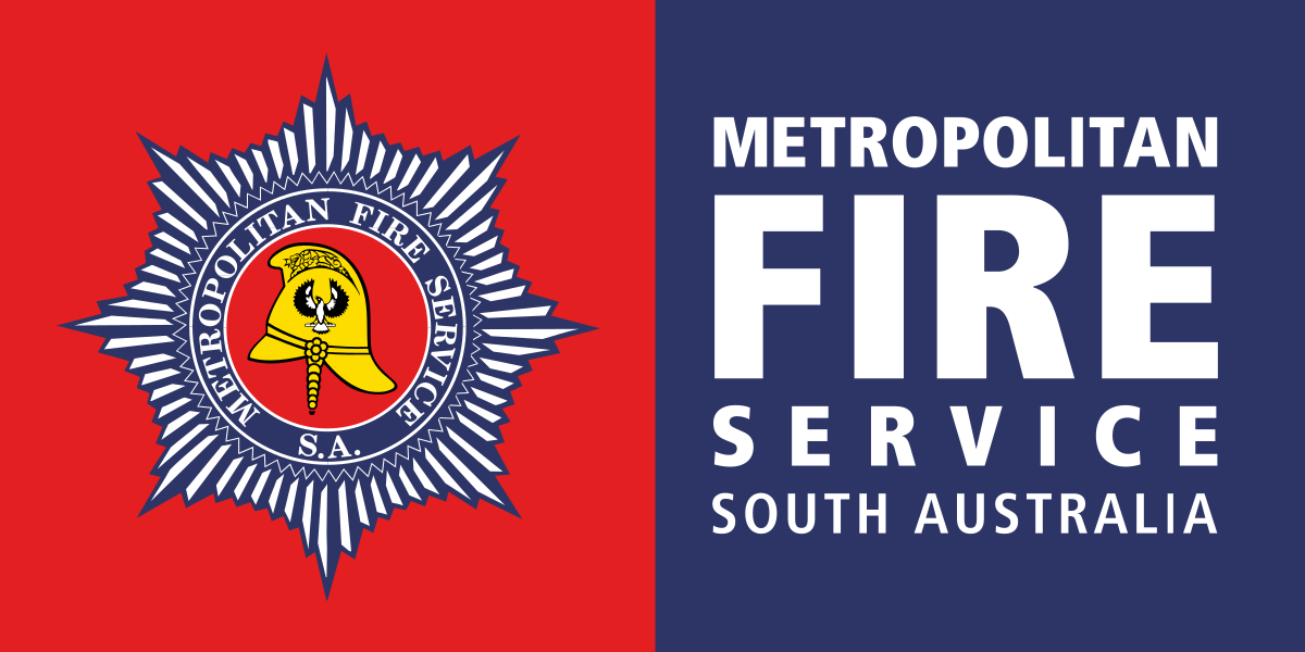 Logo of Metropolitan Fire Service South Australia: emblem on red, text on blue.