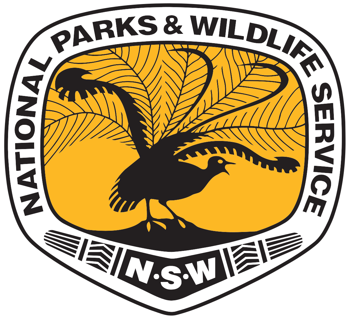 National Parks & Wildlife Service (NSW) logo: black lyrebird with tail feathers against yellow background. White text and border.
