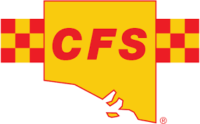 CFS logo: South Australia outline, yellow and red with CFS in red text; red checkered flags at the sides.
