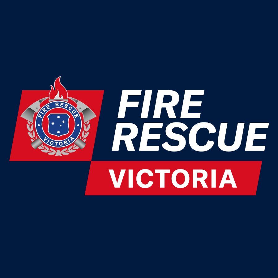 Fire Rescue Victoria logo. Emblem with flame and shield, white text on blue and red.
