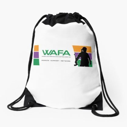 White drawstring bag with WAFA logo, featuring a silhouette playing, and colorful stripes.