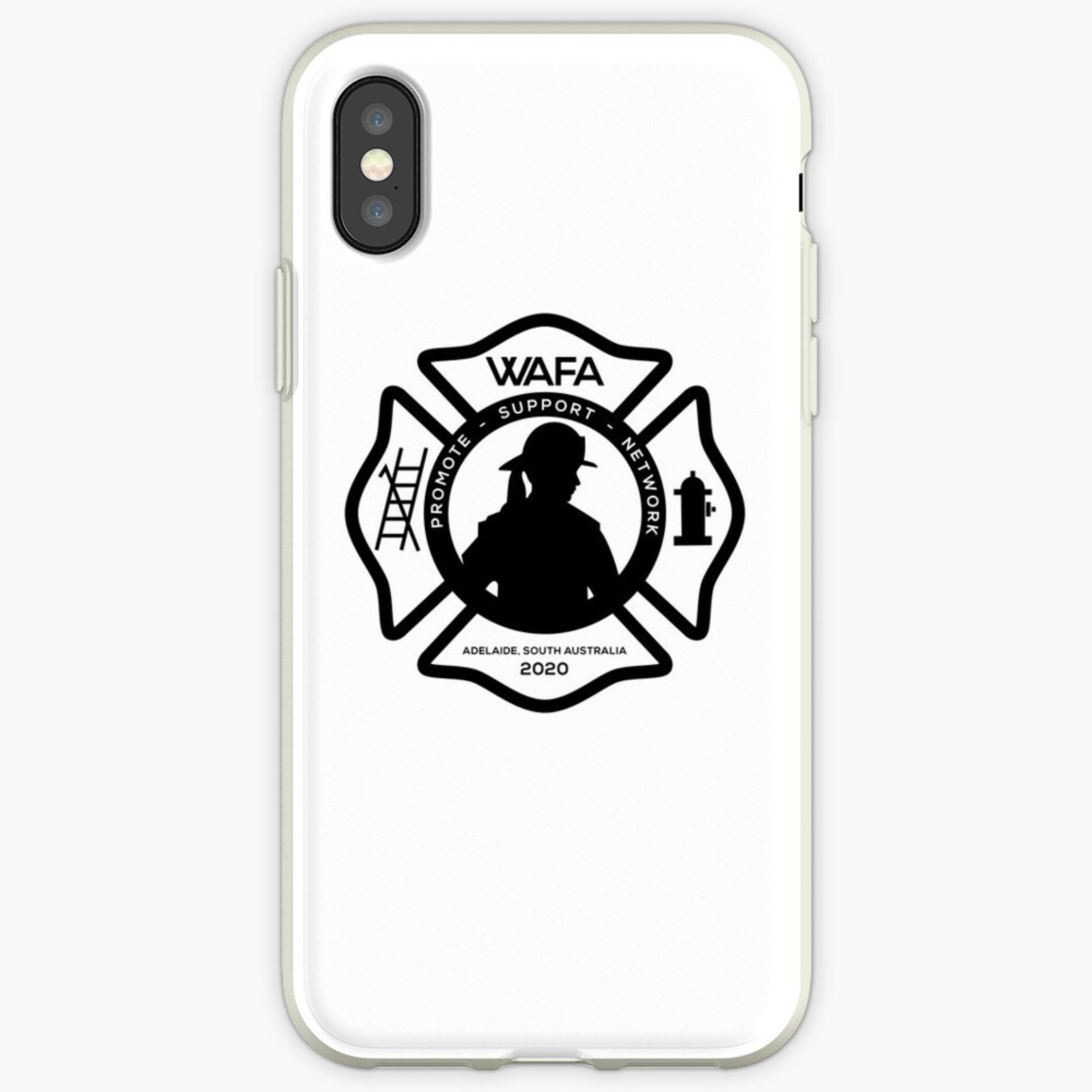 White phone case with black firefighter logo: silhouette within Maltese cross, 