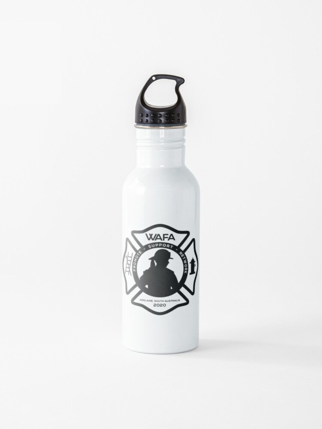 Water bottle with a firefighter logo in black and white.