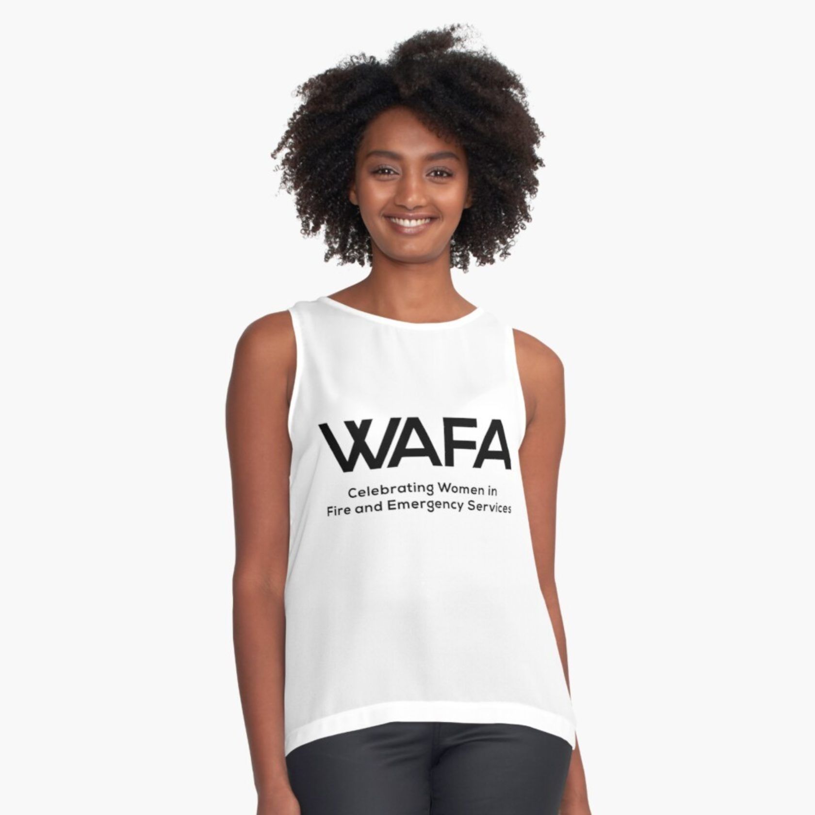Woman wearing a white tank top with the letters 