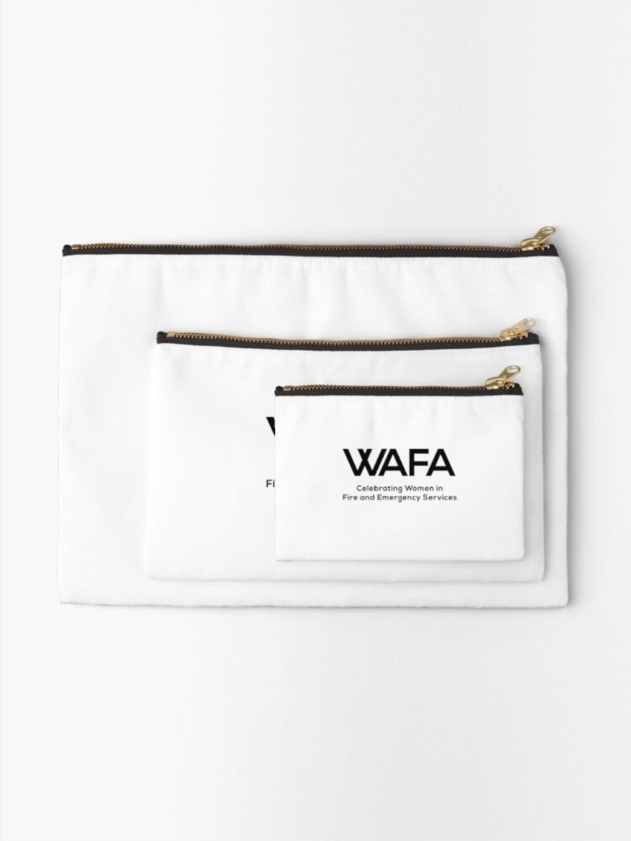 Three white zippered pouches with 