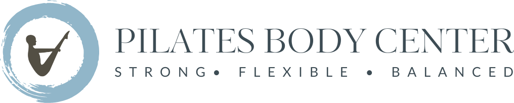the logo for pilates body center strong flexible balanced