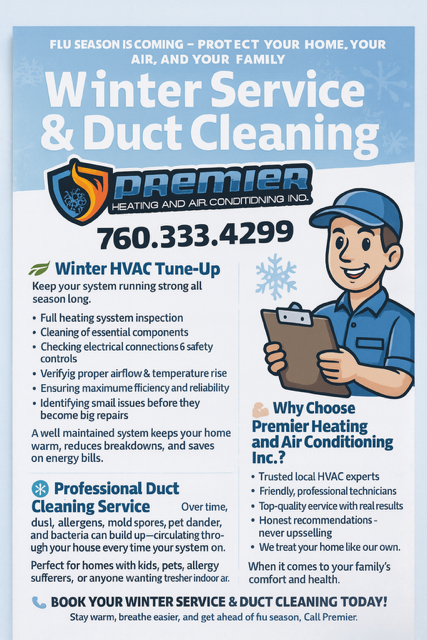 Advertisement for Premier Heating and Air Conditioning Inc. offering winter services and duct cleaning. Features a cartoon technician.
