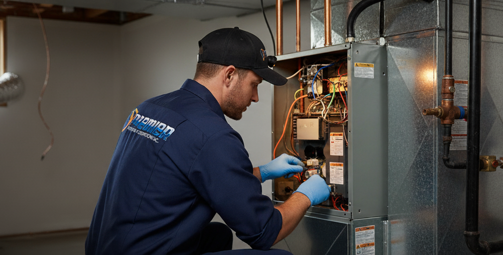 Laundry room with washing machine, utility box, and a door down the hallway.