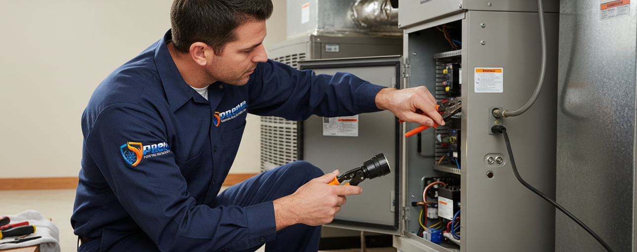 HVAC manifold gauge set showing pressure readings; blue and red valve handles.