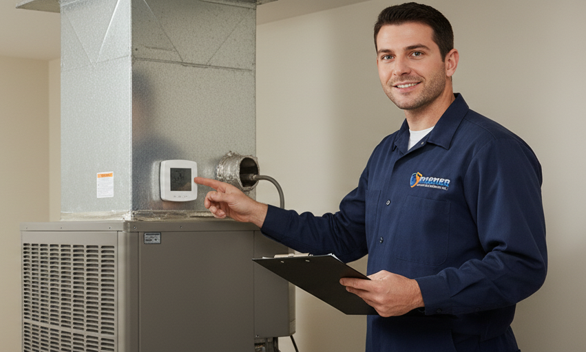 Rooftop HVAC system with large ventilation unit, pipes, and blue sky.