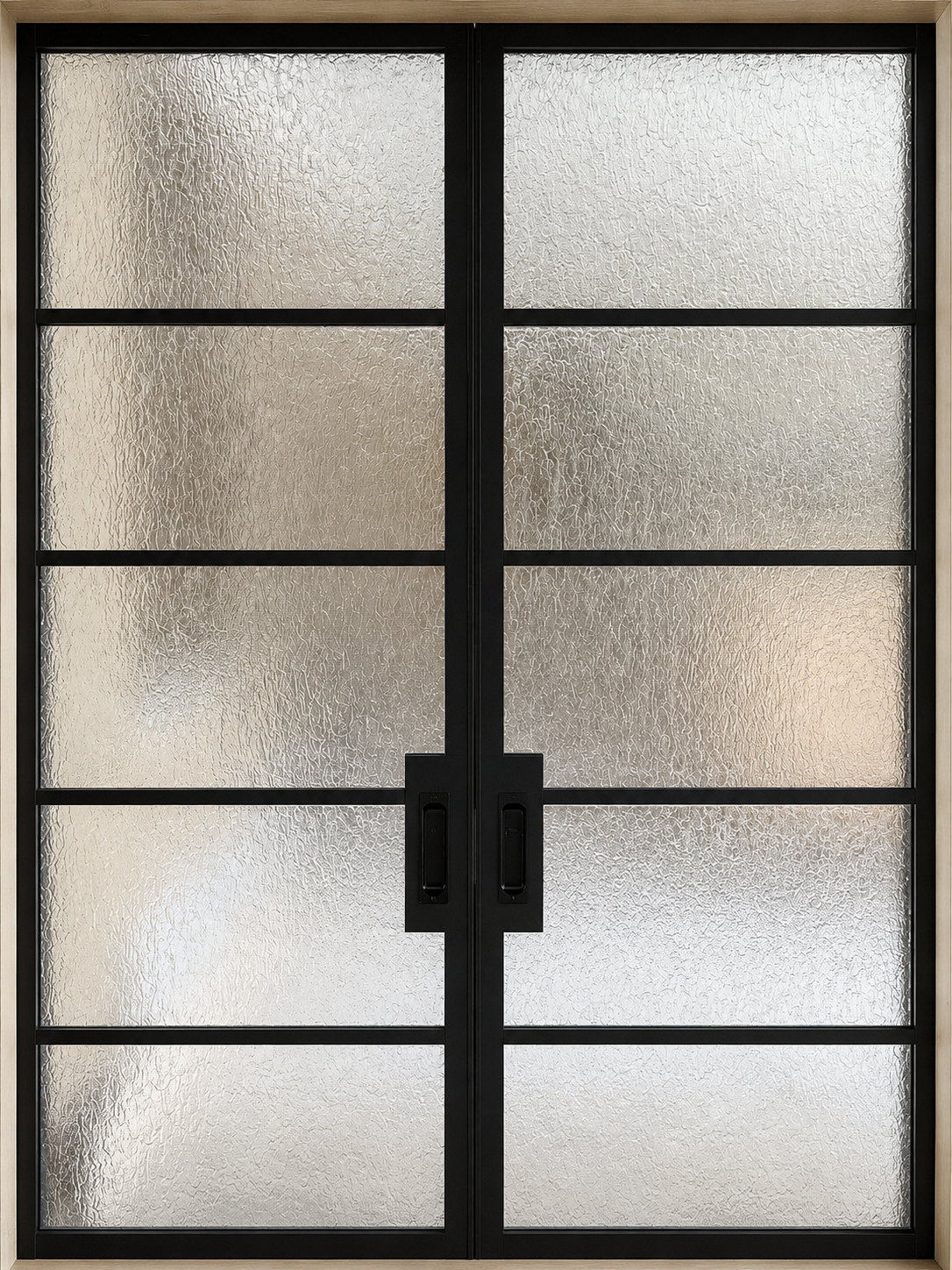 Frosted glass double doors with black frames and a central handle