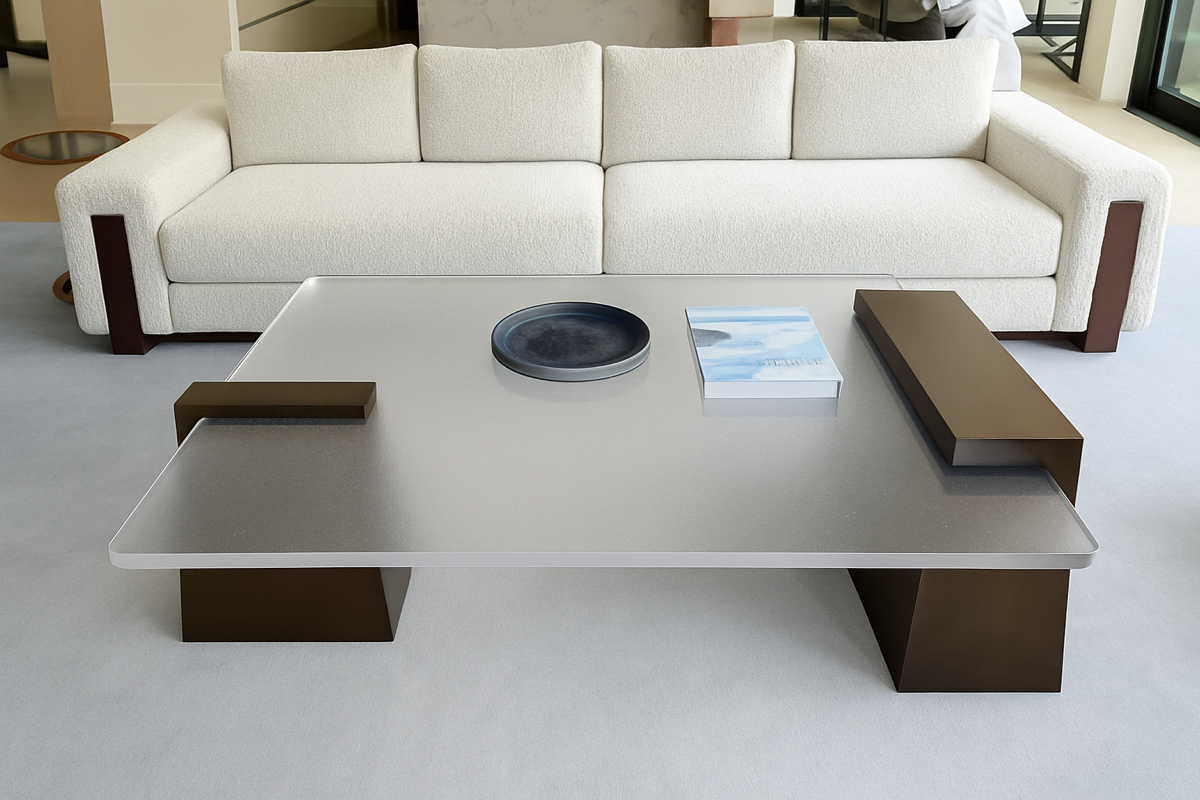 White sofa with dark wood accents and a modern glass coffee table.