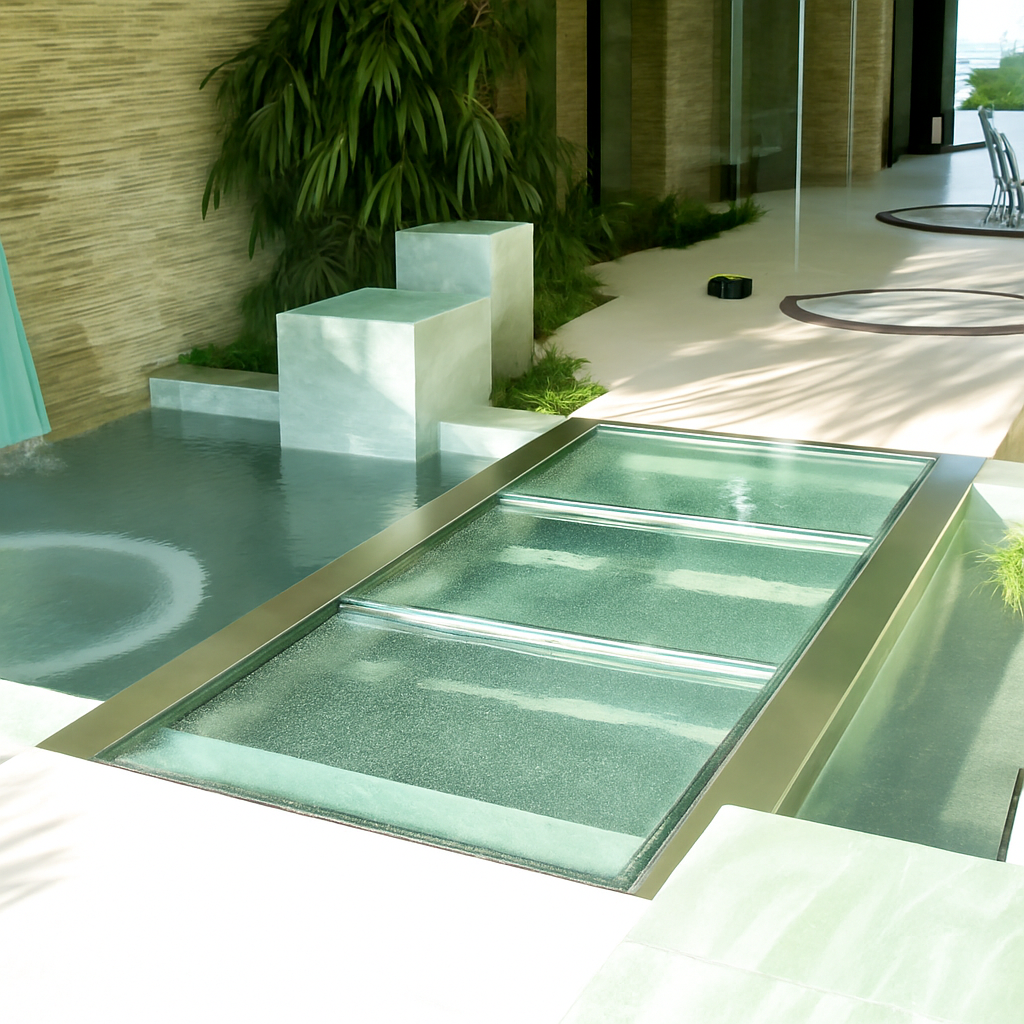 Water feature with glass bridge over a pool, modern design.