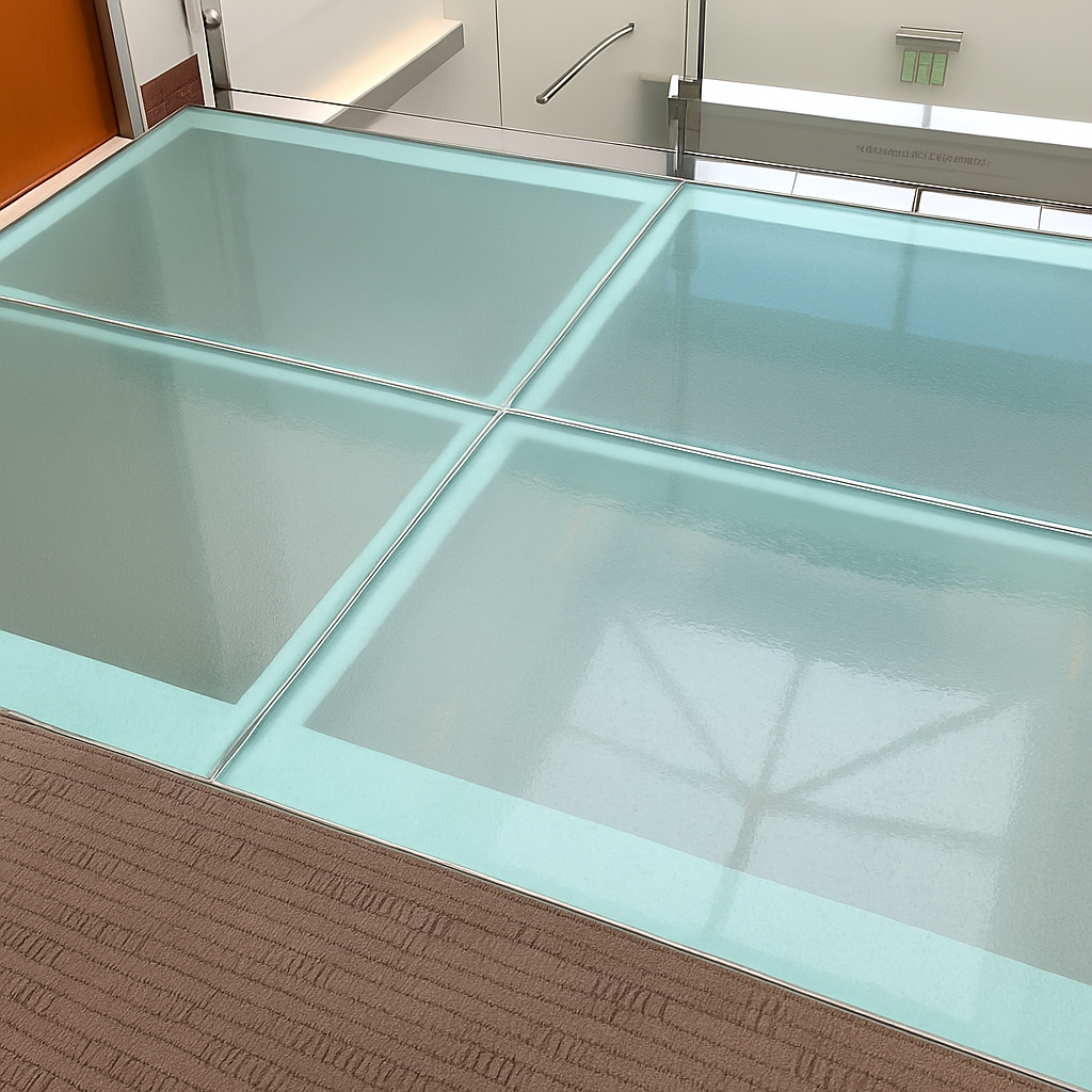 Glass floor panels with metal crossbars.