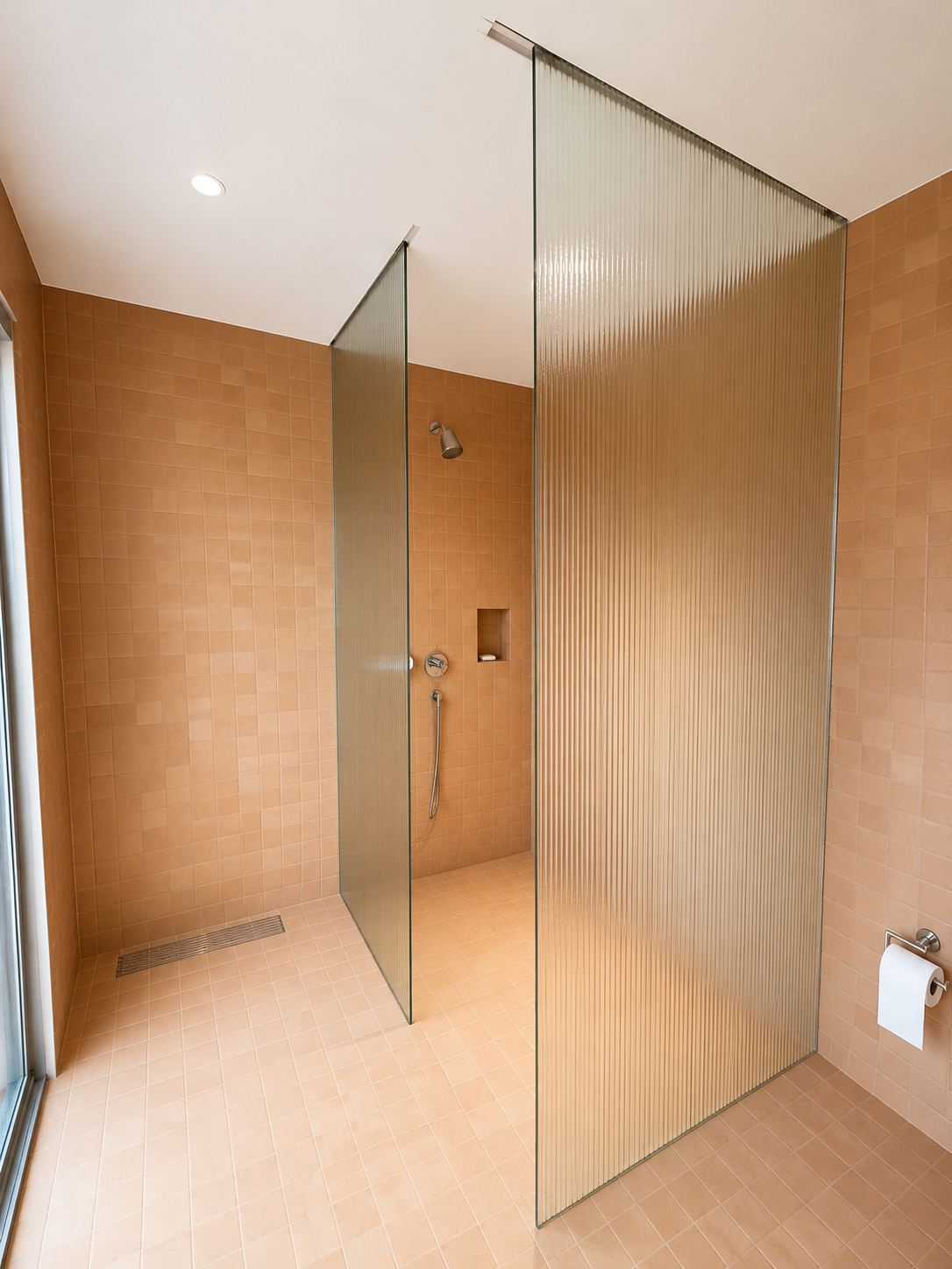Modern bathroom with wood walls, beige floor, glass shower doors, and a small wall-mounted toilet paper holder