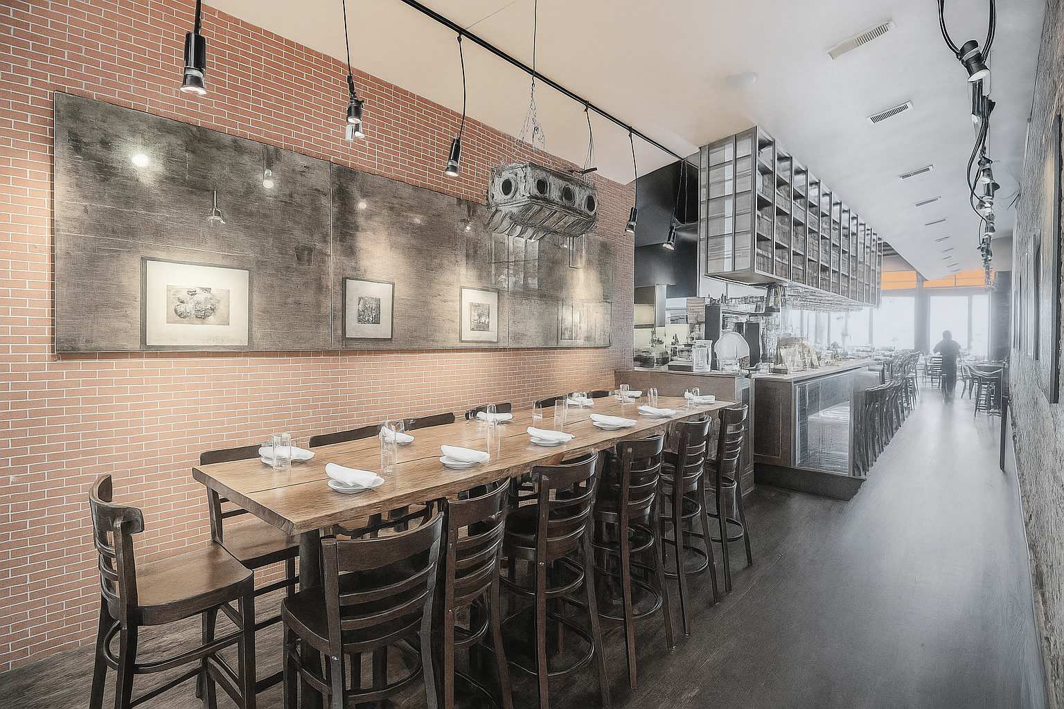 Long wooden table with chairs in a restaurant. Brick wall with art, bar in the background.