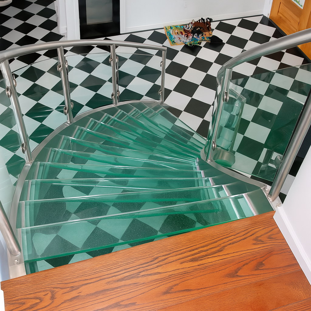 Glass staircase with metal railing and wood steps, over checkered floor.