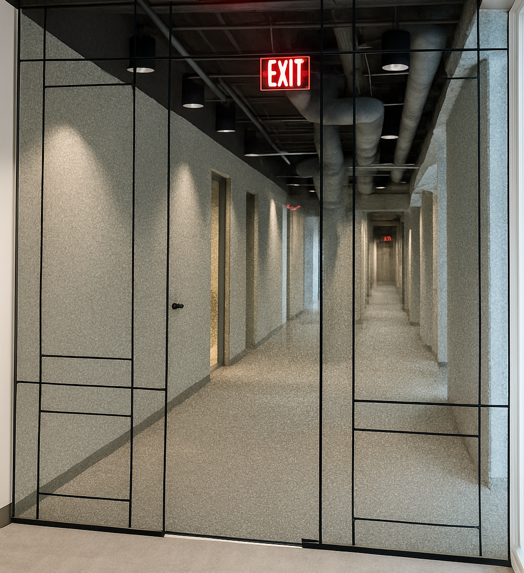 Hallway with black framed glass walls, doors on either side, and an illuminated