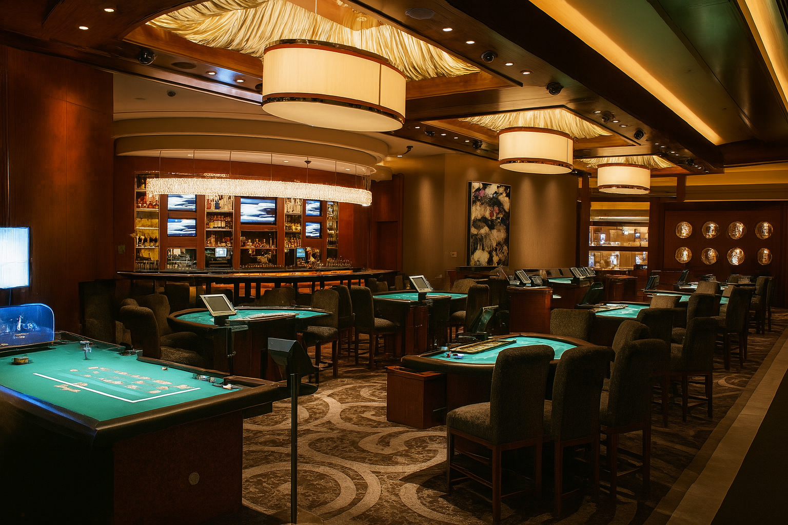 Upscale casino interior with poker tables, ornate lights, and bar area.
