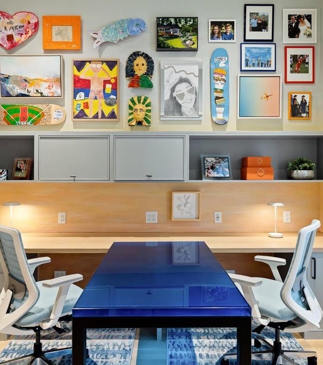 Custom thick blue glass conference table in a modern home office designed by KRD